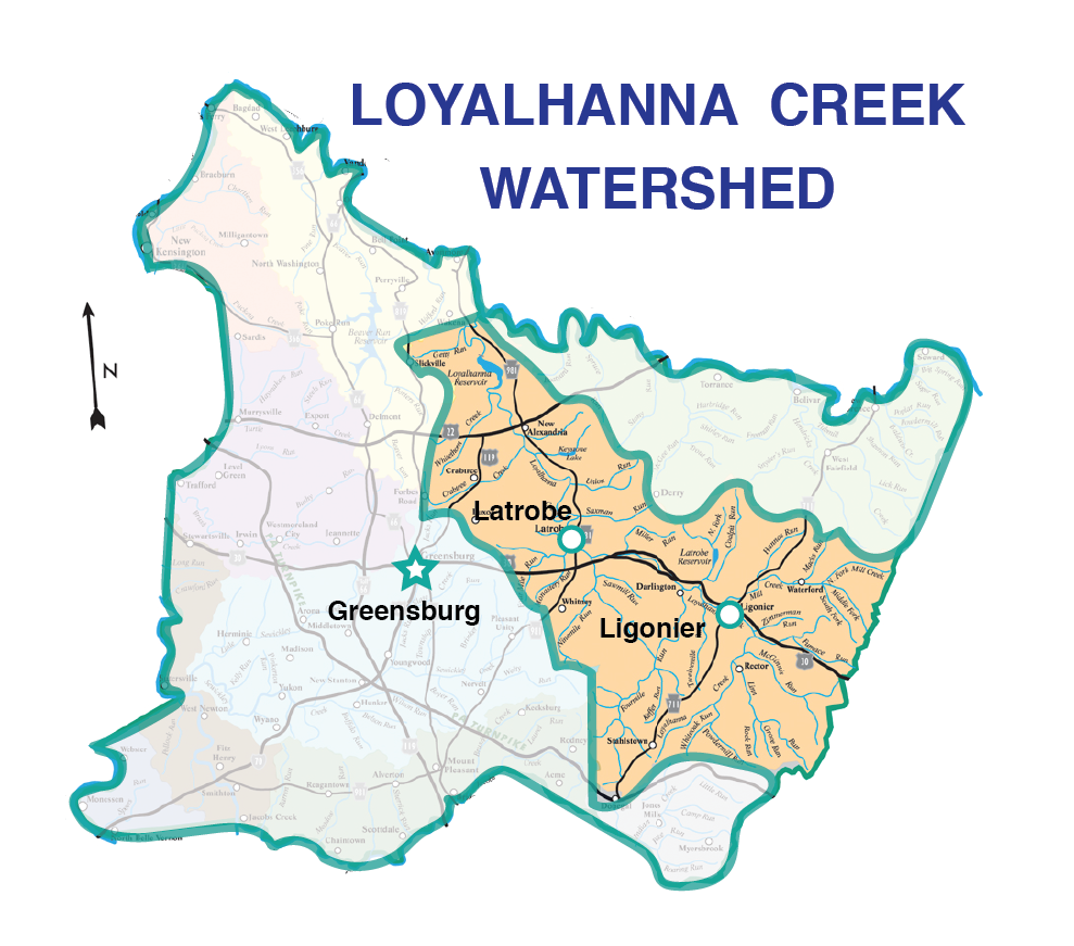 Map of the Loyalhanna Creek watershed showing Ligonier, Latrobe, and Greensburg in Westmoreland County