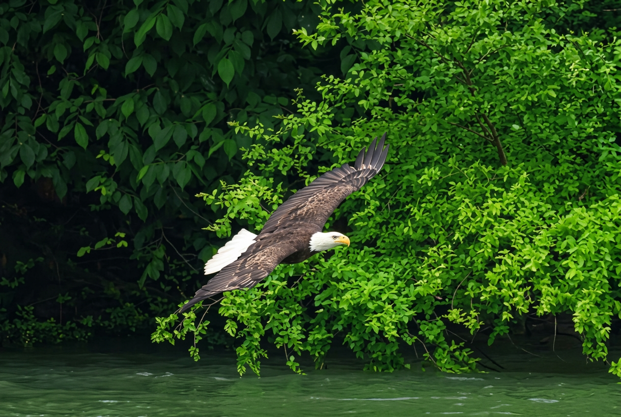 A bald eagle perched above a woodland stream in the Laurel Highlands near Ligonier Township